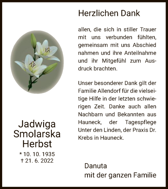 Traueranzeige von Jadwiga  Smolarska Herbst von HZ