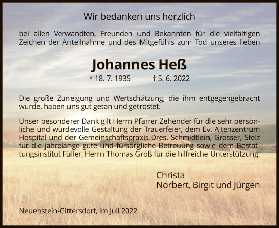 Traueranzeige von Johannes Heß von HZ