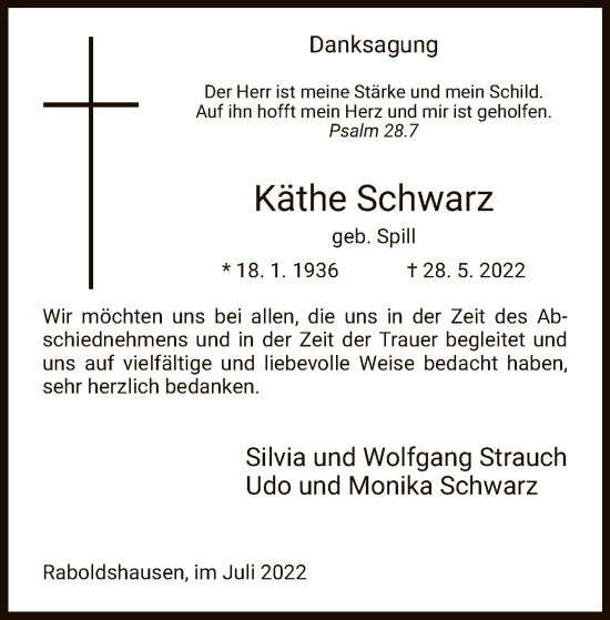 Traueranzeige von Käthe Schwarz von HZ