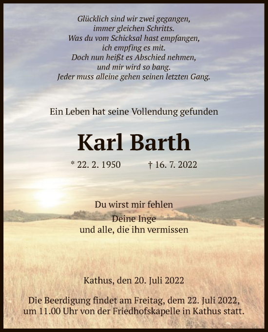 Traueranzeige von Karl Barth von HZ