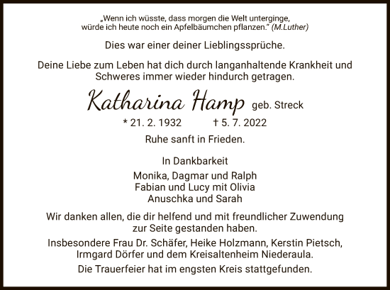 Traueranzeige von Katharina Hamp von HZ