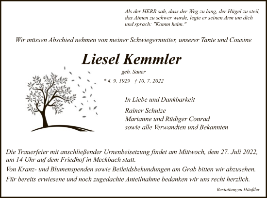 Traueranzeige von Liesel Kemmler von HZ