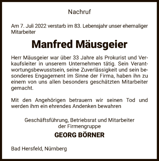 Traueranzeige von Manfred Mäusgeier von HZ