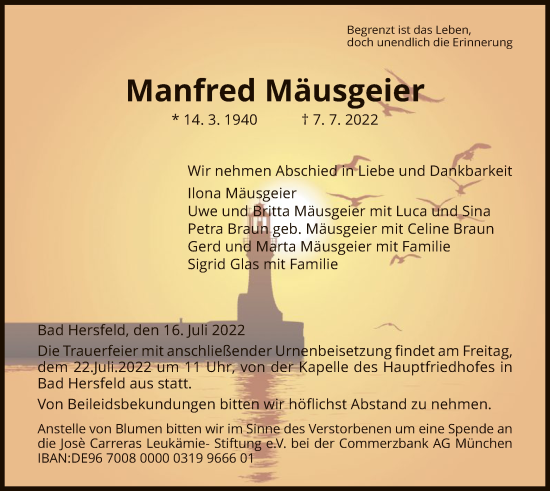 Traueranzeige von Manfred Mäusgeier von HZ