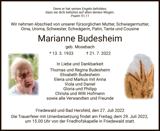 Traueranzeige von Marianne Budesheim von HZ