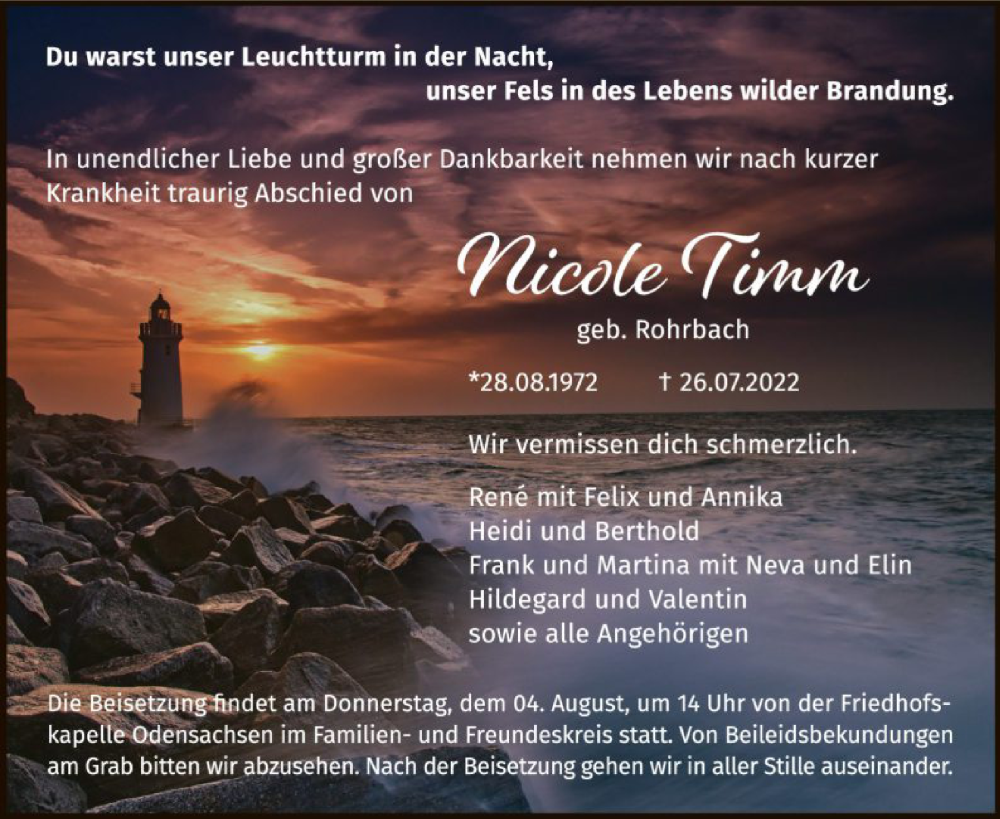  Traueranzeige für Nicole Timm vom 30.07.2022 aus HZ