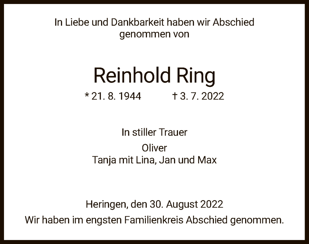  Traueranzeige für Reinhold Ring vom 30.07.2022 aus HZ