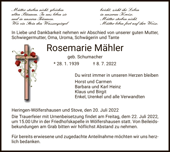 Traueranzeige von Rosemarie Mähler von HZ