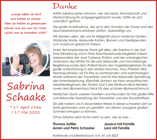 Traueranzeige von Sabrina Schaake von HZ