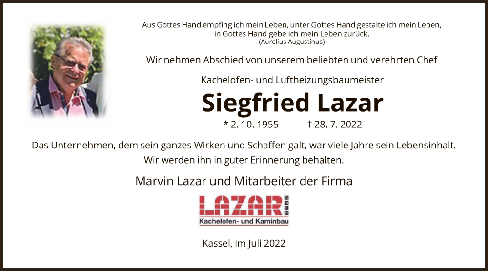  Traueranzeige für Siegfried Lazar vom 30.07.2022 aus HNA