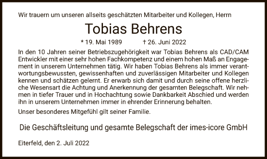 Traueranzeige von Tobias Behrens von HZ