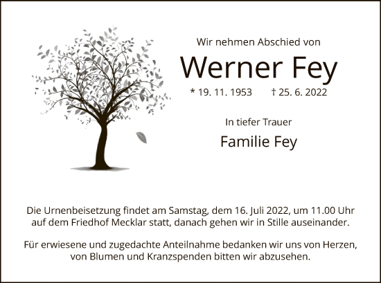 Traueranzeige von Werner Fey von HZ