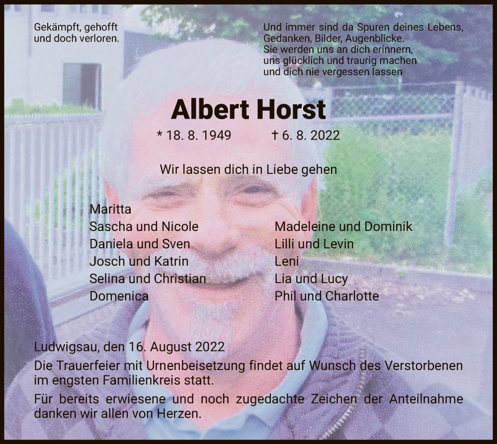  Traueranzeige für Albert Horst vom 16.08.2022 aus HZ
