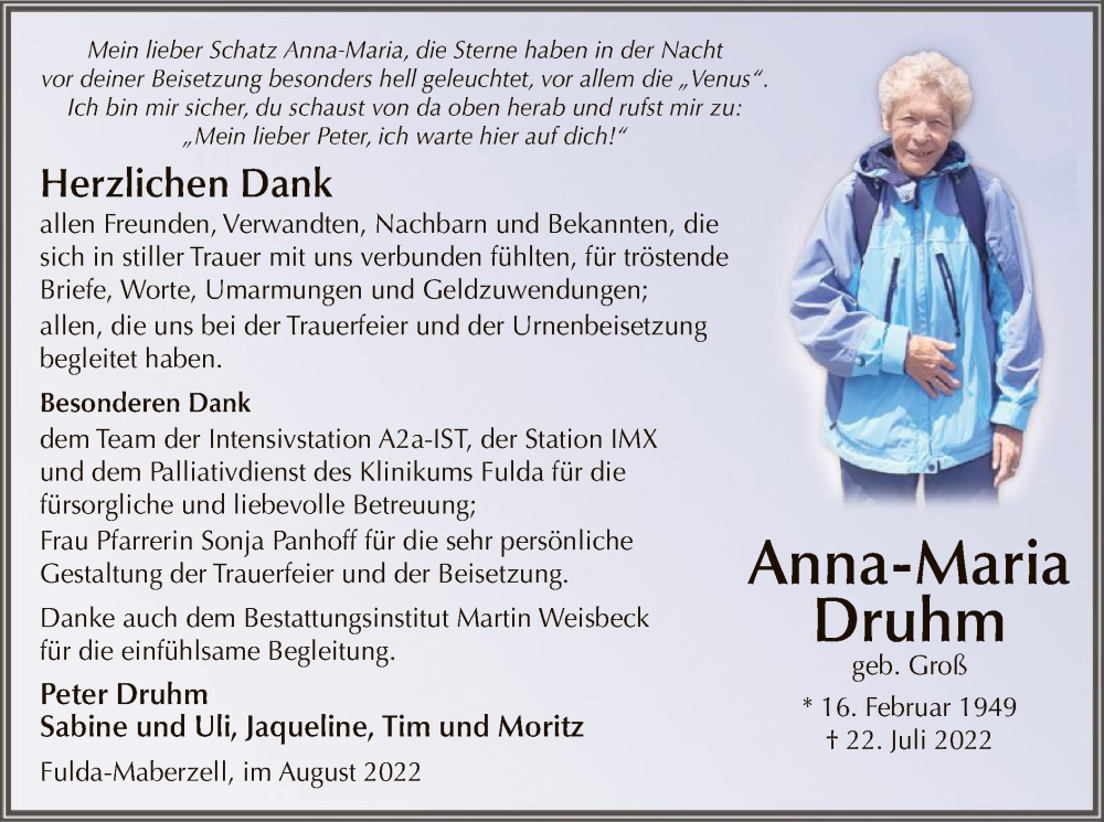  Traueranzeige für Anna-Maria Druhm vom 31.08.2022 aus HZ