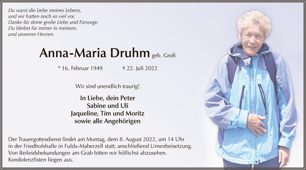  Traueranzeige für Anna-Maria Druhm vom 03.08.2022 aus HZ