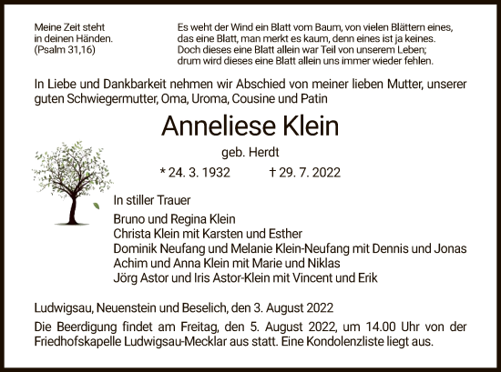 Traueranzeige von Anneliese Klein von HZ