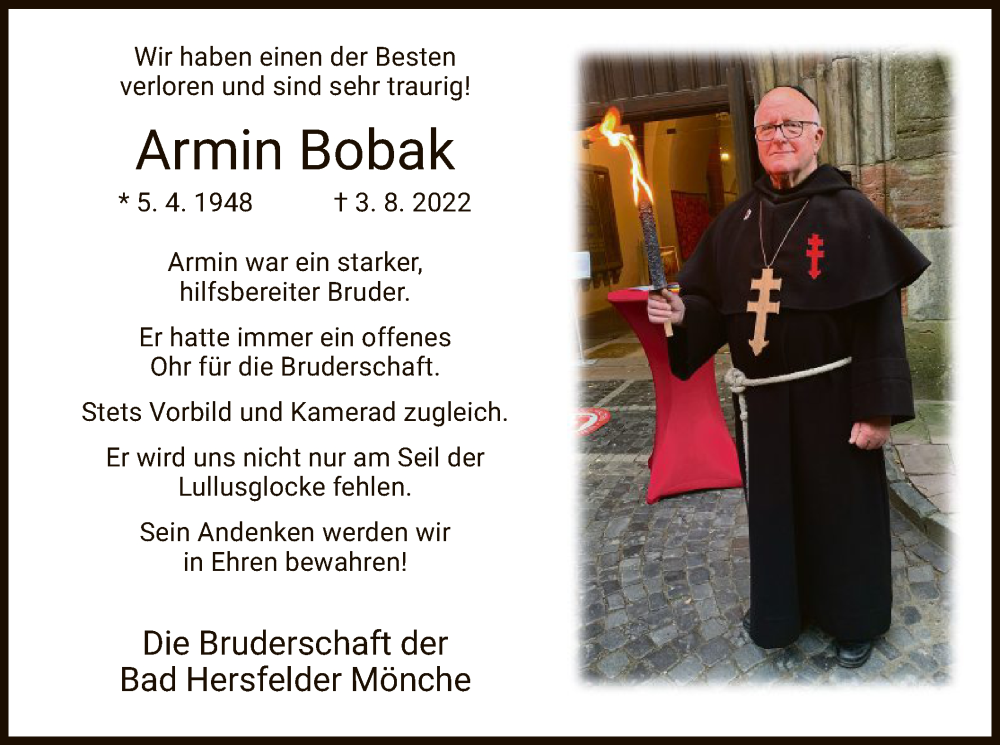  Traueranzeige für Armin Bobak vom 13.08.2022 aus HZ