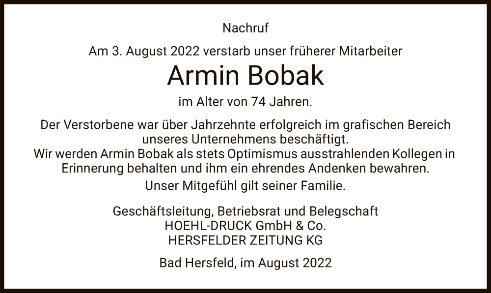  Traueranzeige für Armin Bobak vom 13.08.2022 aus HZ