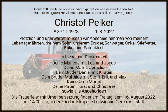 Traueranzeige von Christof Peiker von HZ