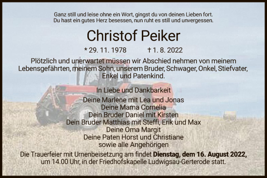 Traueranzeige von Christof Peiker von HZ