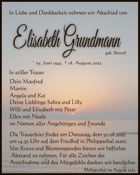 Traueranzeige von Elisabeth Grundmann von HZ