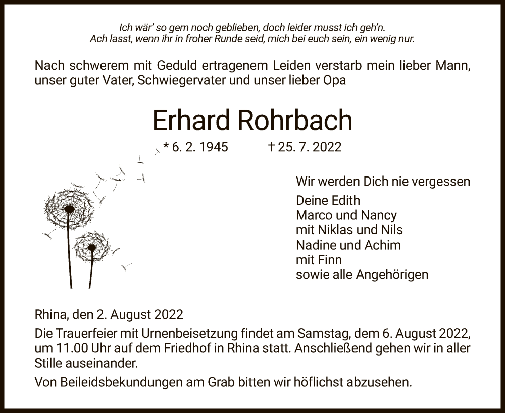  Traueranzeige für Erhard Rohrbach vom 02.08.2022 aus HZ