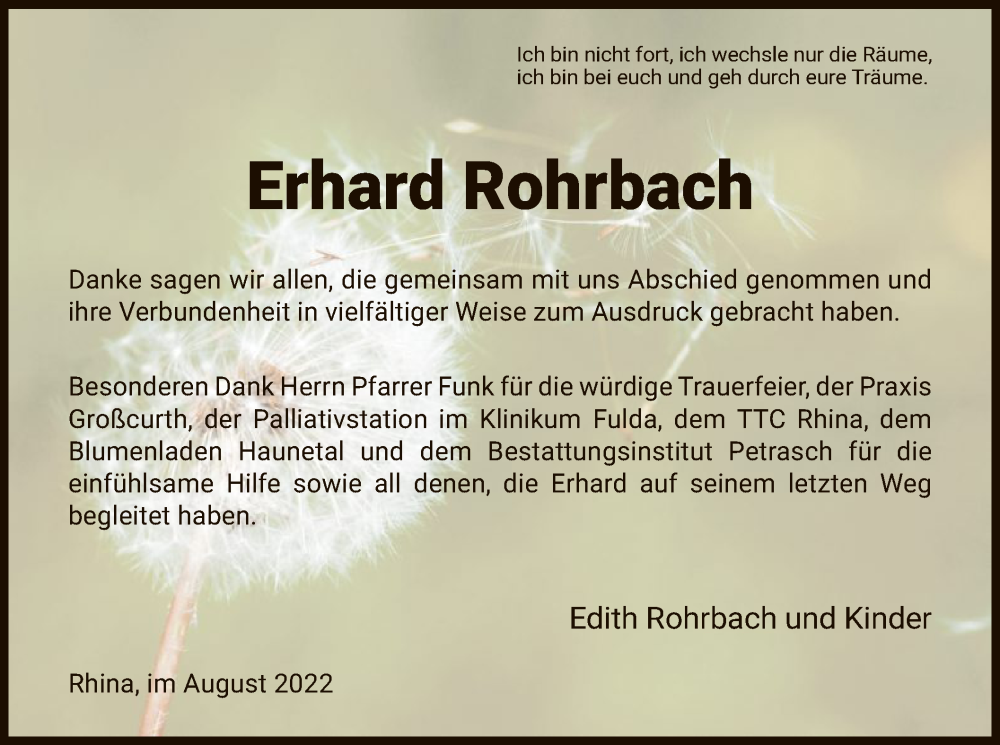  Traueranzeige für Erhard Rohrbach vom 27.08.2022 aus HZ