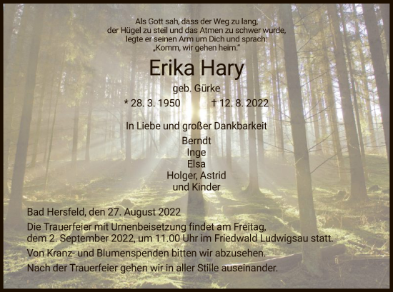 Traueranzeige von Erika Hary von HZ