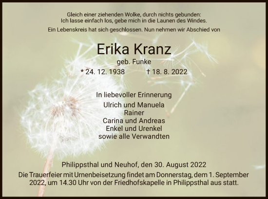 Traueranzeige von Erika Kranz von HZ