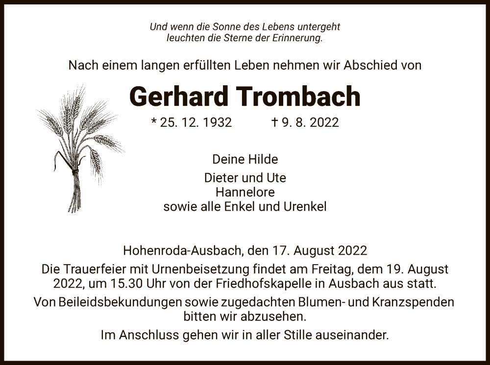  Traueranzeige für Gerhard Trombach vom 17.08.2022 aus HZ
