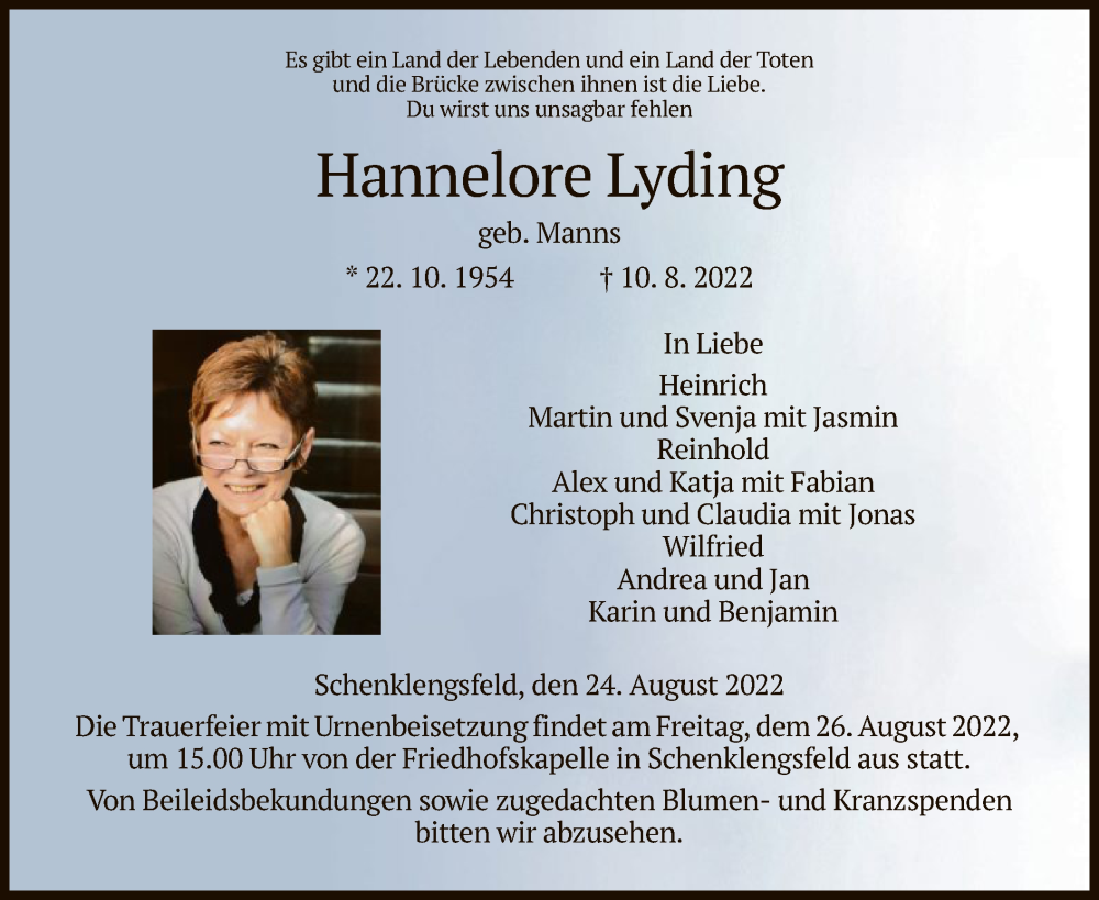  Traueranzeige für Hannelore Lyding vom 24.08.2022 aus HZ