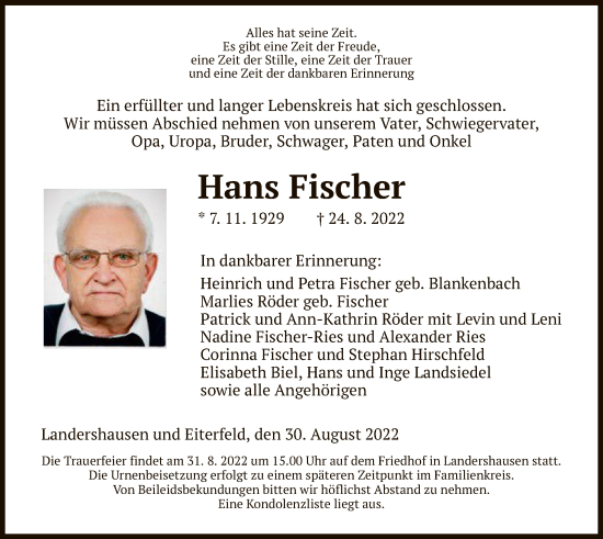 Traueranzeige von Hans Fischer von HZ