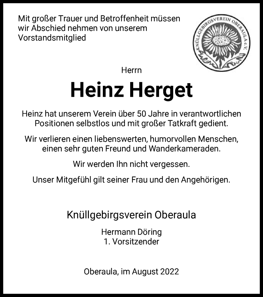  Traueranzeige für Heinz Herget vom 20.08.2022 aus HNA
