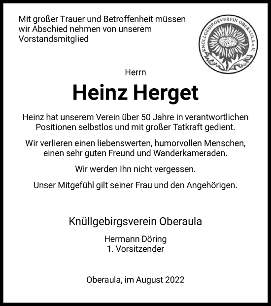 Traueranzeige von Heinz Herget von HNA