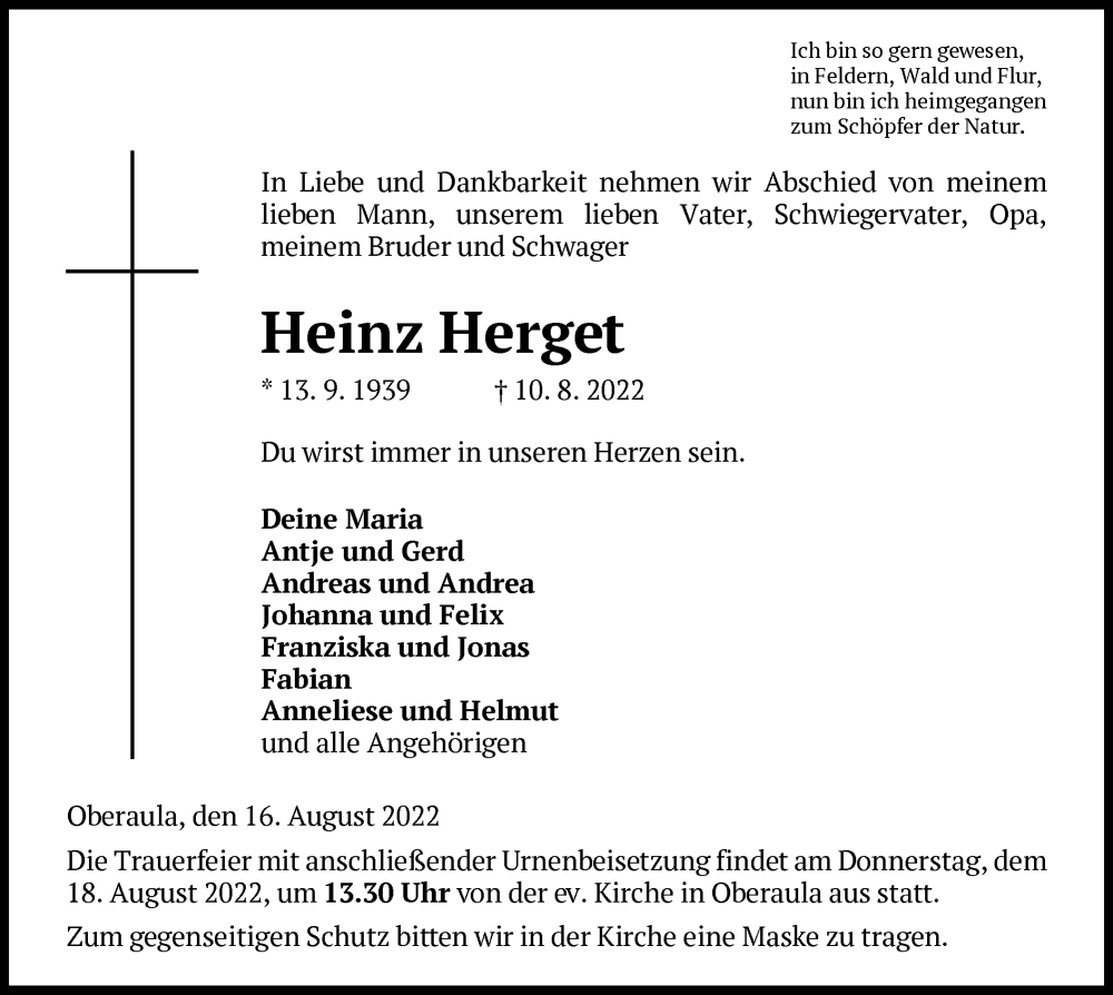  Traueranzeige für Heinz Herget vom 16.08.2022 aus HNA