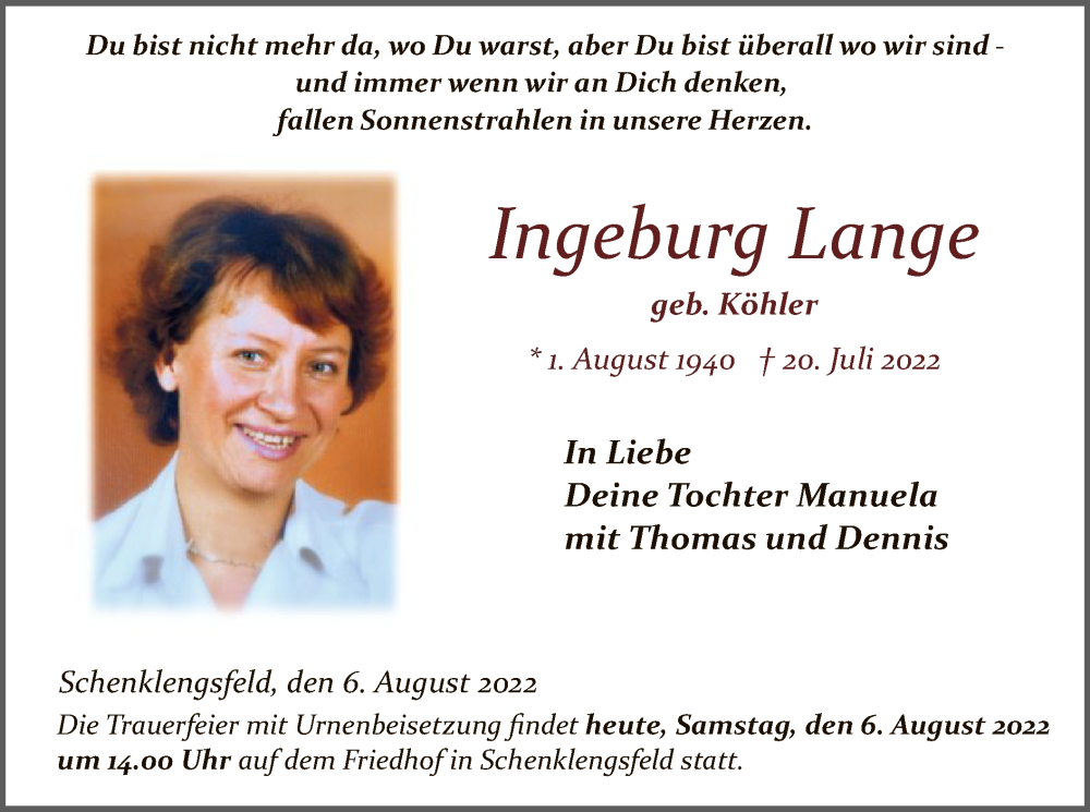  Traueranzeige für Ingeburg Lange vom 06.08.2022 aus HZ
