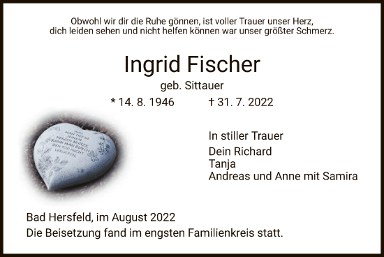 Traueranzeige von Ingrid Fischer von HZ