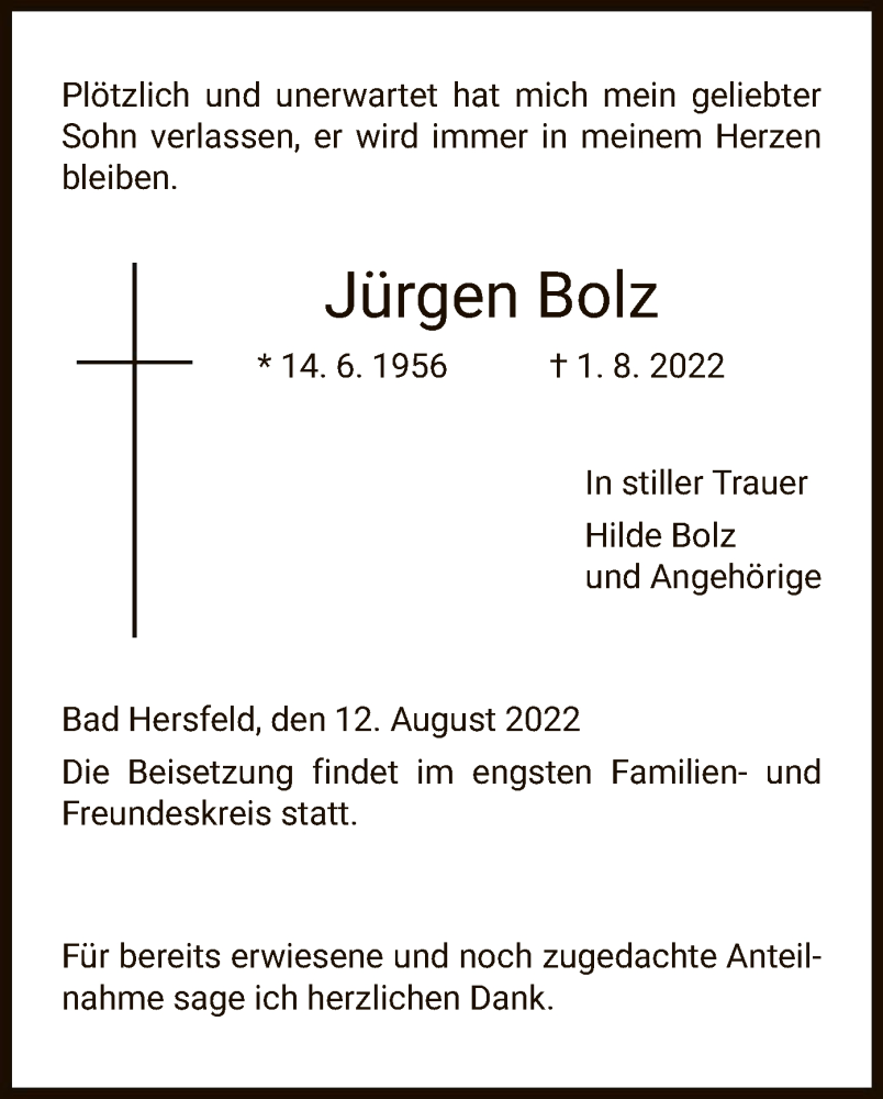  Traueranzeige für Jürgen Bolz vom 12.08.2022 aus HZ