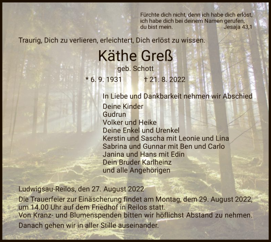 Traueranzeige von Käthe Greß von HZ