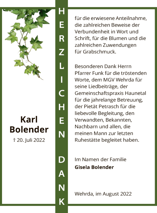 Traueranzeige von Karl Bolender von HZ