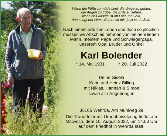 Traueranzeige von Karl Bolender von HZ