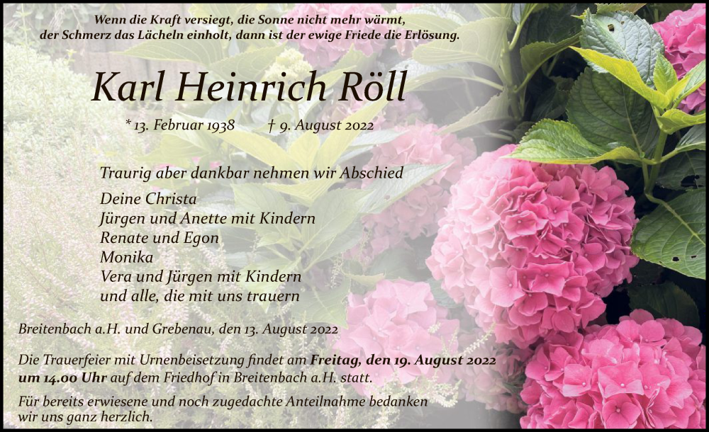  Traueranzeige für Karl Heinrich Röll vom 13.08.2022 aus HZ