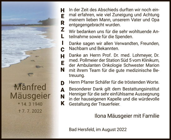 Traueranzeige von Manfred Mäusgeier von HZ