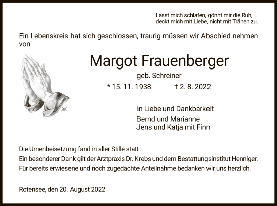 Traueranzeige von Margot Frauenberger von HZ