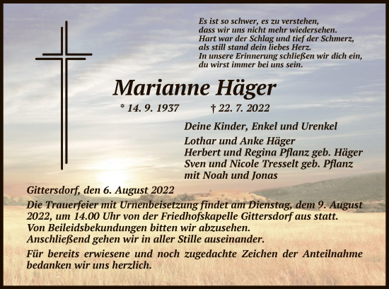 Traueranzeige von Marianne Häger von HZ