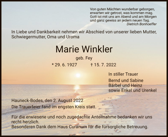 Traueranzeige von Marie Winkler von HZ