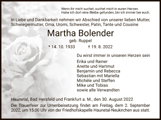 Traueranzeige von Martha Bolender von HZ