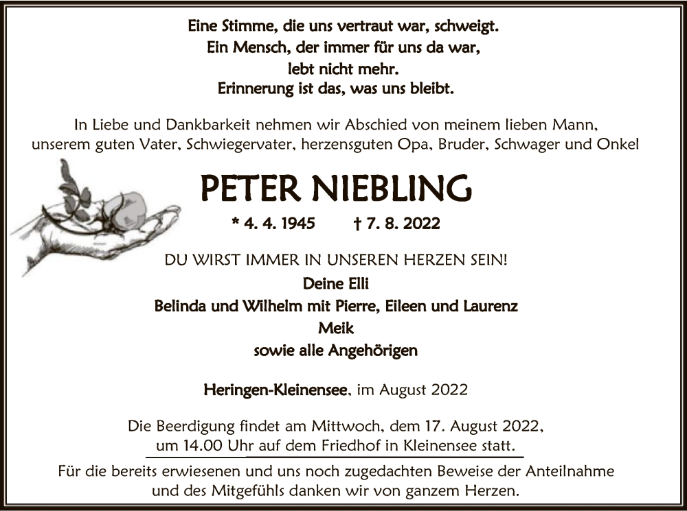  Traueranzeige für Petra Niebling vom 13.08.2022 aus HZ
