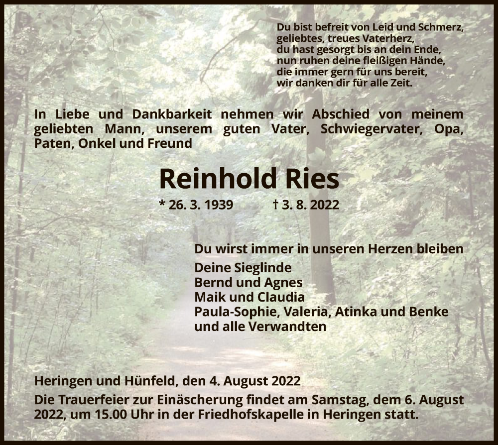  Traueranzeige für Reinhold Ries vom 05.08.2022 aus HZ
