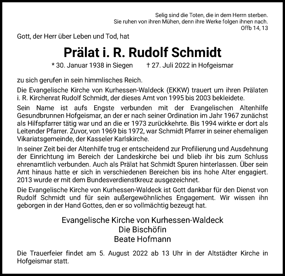  Traueranzeige für Rudolf Schmidt vom 02.08.2022 aus HNA